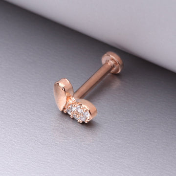 Detail View 1 of Rose Gold Adorable Heart Sprout Sparkle Internally Threaded Steel Flat Back Stud Labret-Clear Gem
